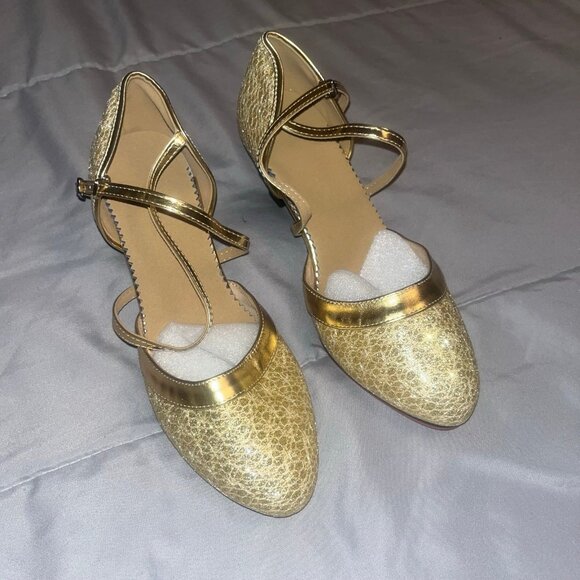 Women Size 8.5 Golden Sparkly Metallic Latin Dance Heel Shoes with Cross Strap - Picture 2 of 8
